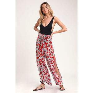 Lulus Beachy Keen Red And Light Blue Floral Print Swim Cover-up Pants - Size S